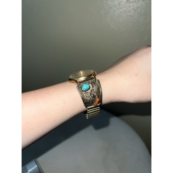 VTG TIMEX 12K TURQUOISE WATCH BAND FLORAL WATER RESISTANT BASE METAL BEZEL main image 6